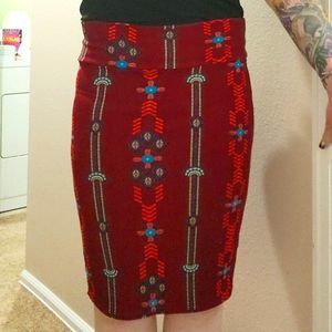 LuLaRoe Stretchy Cassie Pencil Skirt Women's Size XS Small Burgundy Aztec Print